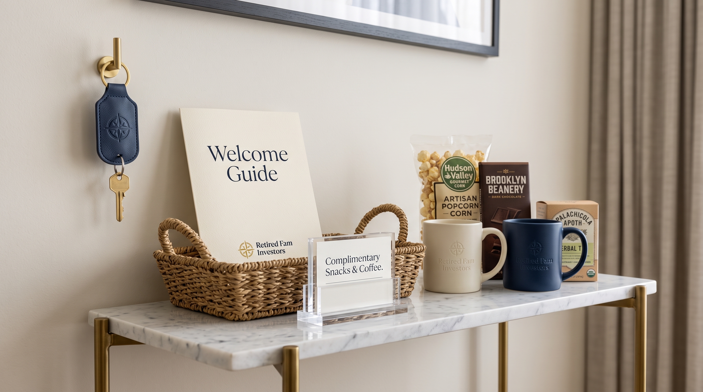 Welcome guide, key, and complimentary snacks provided in a Retired Fam Investors unit